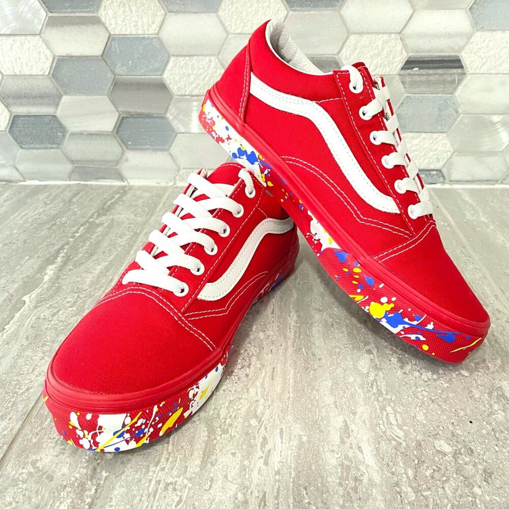 VANS Old Skool Red Paint Splatter Skaters Shoes Sneakers US Junior Size 6